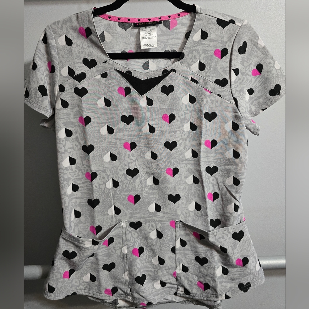HeartSoul Gray and Pink Heart Print Women's Scrub Top